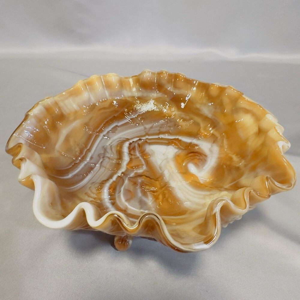 Vintage Imperial Slag Glass Serving Bowl Caramel and White Rose Pattern 1970s